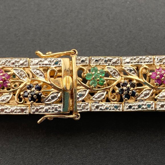 Wheeler Manuf. Sterling Silver Gold Vermeil Ruby Emerald Sapphire 7" Bracelet - Picture 9 of 16